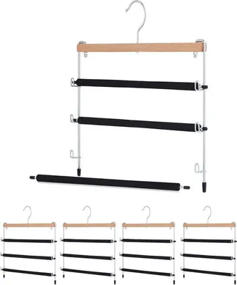 Productafbeelding van Famanu set van 5 broekhangers - Ruimtebesparend, antislip, metaal en hout, zwart en naturel