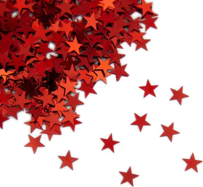 A pile of red star-shaped confetti scattered on a white background.