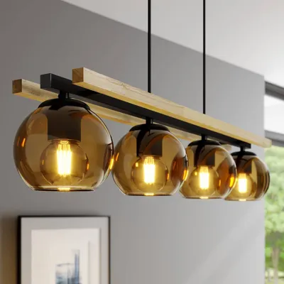 Produktbild von Lindby Hängelampe Enrique, amber, 4-flg., Glas, Holz, E27