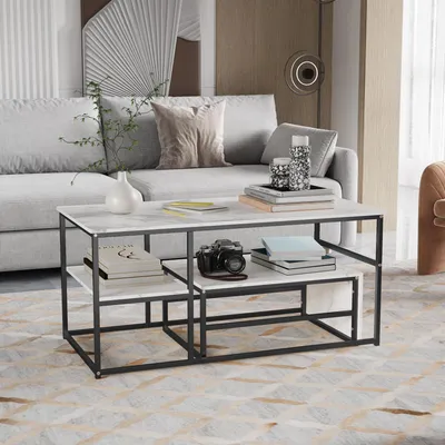 Produktbild von 2er-Set Couchtisch, Eckiger Beistelltisch, Kaffeetisch mit Stahlgestell, Sofatisch im modern Design, für Wohnzimmer, bis 30 kg Belastbar, Schwarz/Weiß