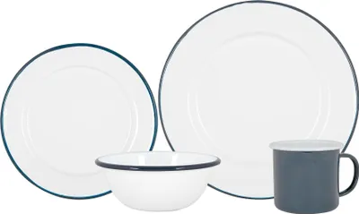 Produktbild von Argon Ta 16pc weißen Emaille-Geschirr Set - Stahl Outdoor-Camping-Platten-Schüsseln Tassen - Navy
