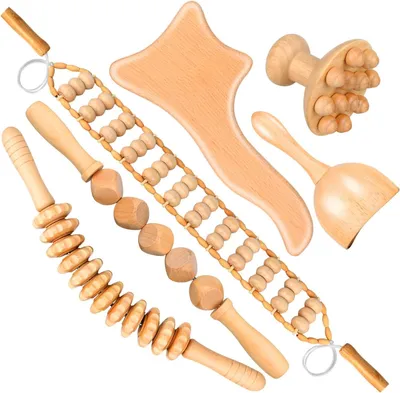 Produktbild von 6-in-1-Massagegerät für Holztherapie, Maderoterapia-Set zur Cellulite-Behandlung und Lymphdrainage, Set aus gebogenen Holzmassageköpfen