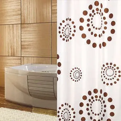 Image de Rideau de douche textile blanc marron cercles points 180x180 cm anneaux inclus