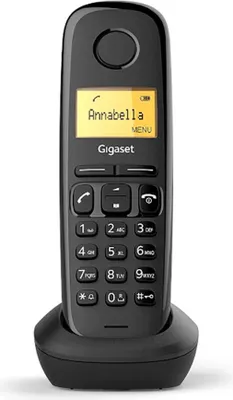 A black Gigaset cordless phone is shown in its charging cradle against a white background.