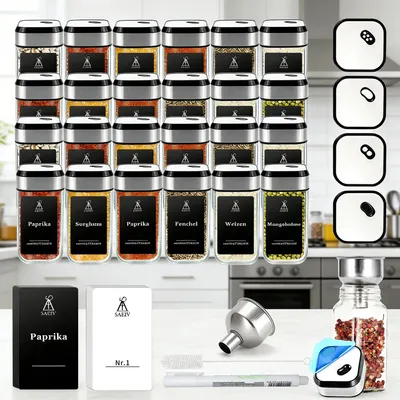 Produktbild von Quadratische Gewürzgläser - Set mit 24 Glasbehältern 120 ml - Luftdicht verschließbar - BPA-frei - Wiederverwendbare Küchenorganizer - Transparent