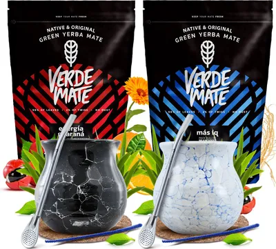 Produktbild von Verde Mate - Mate Tee Set Guarana, Mas IQ 2x500g - 2x Keramik Becher 350/375ml - 2x Bombilla Mercedes - Dicke Blätter 5mm - Mild - Brasilien