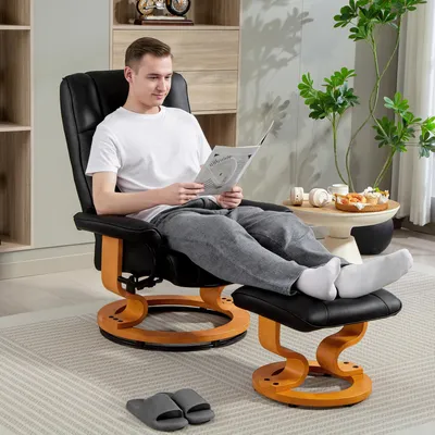 Produktbild von Sweiko Relaxsessel mit Hocker, drehbar & neigbar, Kunstlederbezug, bis 150 kg, Holzgestell, Schwarz