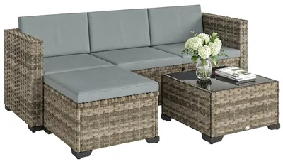 Produktbild von Modulare Polyrattan Lounge 5-tlg., L-Form, 4-5 Pers., Grau, 5 cm dicke Kissen, Sicherheitsglas-Tisch, wetterfest