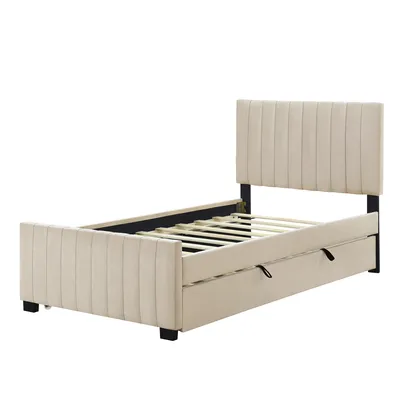 Produktbild von STILVORA Polsterbett 90x190 mit Ausziehbett,Jugendbett mit gepolsterte Kopfteil und Lattenrost,Bettgestell aus Samtstoff+MDF,ohne Matratze,Beige