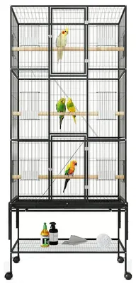 Immagine prodotto di Gabbia per uccelli - Grande voliera per pappagalli e parrocchetti - 81x47x175 cm - Ruote a 360° - Ferro, vaschetta raccogligarbugli estraibile - Adatta per interni ed esterni - Colore nero