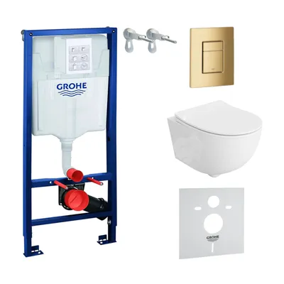 Produktbild von GROHE Vorwandelement Solido + Wand Hänge WC Brava Weiß Spülrandlos + WC-Sitz SoftClose | Goldener Knopf | Komplettset | Unterputz Spülkasten | Toilette Komplett Sett