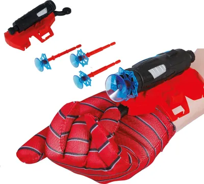 Productafbeelding van Superhelden-avonturenfiguur, handschoen met zuignap en lans, geschikt voor carnaval, kinderspeelgoed, geïnspireerd op avonturen en superkrachten, prijsuitreiking. Kleur: Rood