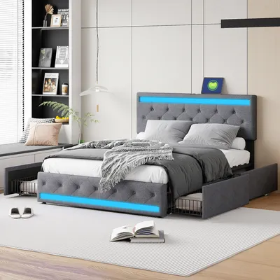 A modern bedroom with a grey upholstered bed featuring blue LED lighting.