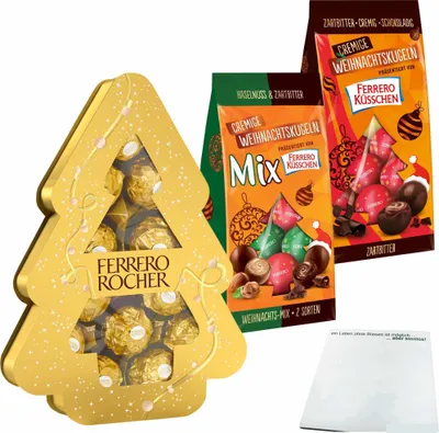 Produktbild von Ferrero Küsschen Cremige Weihnachtskugeln Pack: Zartbitter + Haselnuss&Zartbitter Mix (2x100g Beutel) + Rocher Tanne (150g) + usy Block