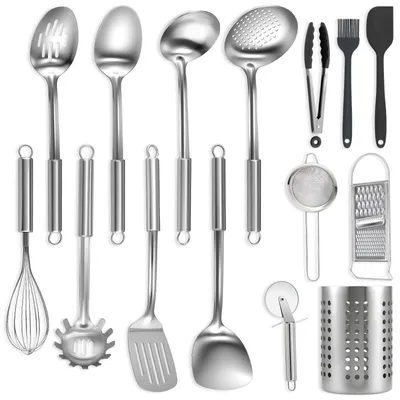 Produktbild von Küchenutensilien-Set, 15-teilig - Edelstahl - Pfannenwender/Suppenkelle - Schaumlöffel/Quirl - Silikon-Pfannenwender/Pinsel - Spülmaschinenfest - Kochgeschirr