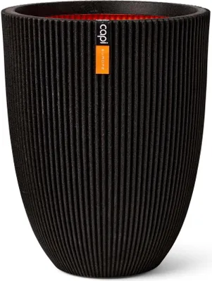 A black planter with a ribbed texture and a red interior, shown against a white background. A small orange and white tag with the brand name is attached to the side.