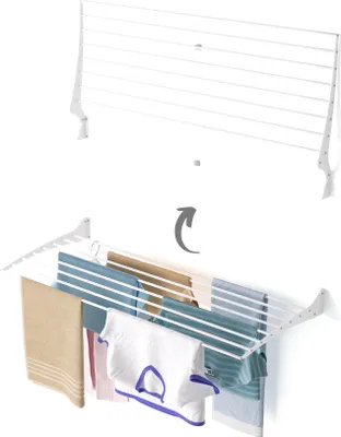 A collage showing a wall-mounted drying rack in its folded and unfolded states, with laundry hanging on it in the unfolded state.