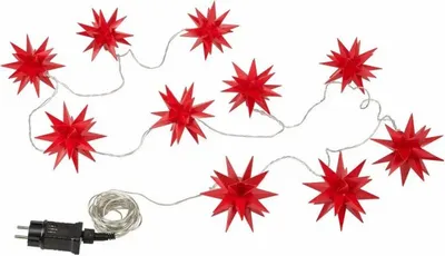 A string of red star-shaped LED lights with a power plug.