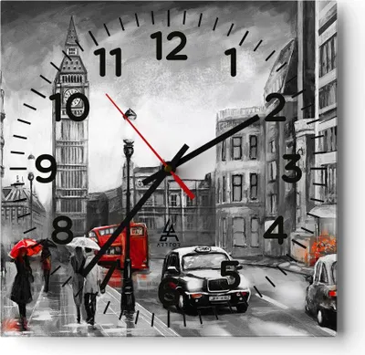 Produktbild von Wanduhr - Quadrat - Glasuhr - London Bus - 40x40cm - Schleichendes Uhrwerk - Lautlos - zum Aufhängen bereit - Dekoration Modern - Wanddekoration aus Glas - C4AC40x40-3939