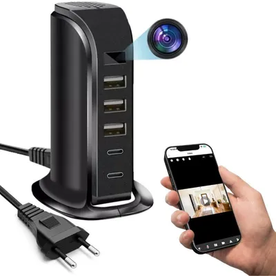 Produktbild von Mini-Kamera Wi-Fi iUni IP91, Full HD, Ladestation, 2 Type-C-Anschlüsse, 3 USB-A-Anschlüsse, 20 W, Kartensteckplatz