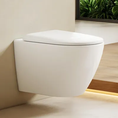 Immagine prodotto di EMKE WC sospeso in ceramica senza bordo WC sospeso a risparmio idrico con risciacquo diretto Doppio foro di risciacquo Coperchio con chiusura morbida Bianco lucido