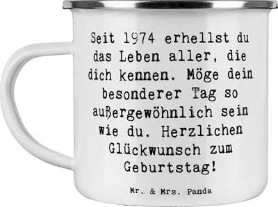 Produktbild von Mr. & Mrs. Panda becher emaille Spruch 1974 Geburtstag - Weiß - Geschenk, emaillebecher, Campingtasse, Geboren am, Pott, Outdoor Tasse, Happy Birthday, feiern, Teetasse