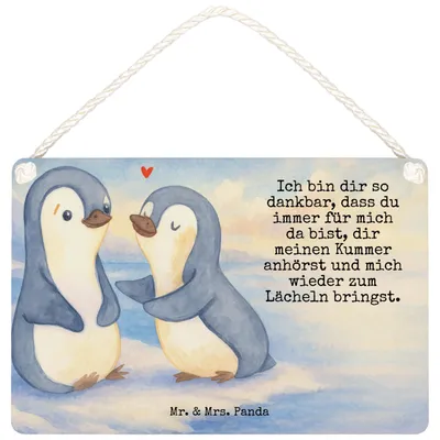 Produktbild von Mr. & Mrs. Panda holzbild Pinguine trösten Design DIN A6 - Weiß - Geschenk, Hochzeitstag, für Frauen, Schild, Türschild, Freundin, Jahrestag, Holzschild, wandtafel