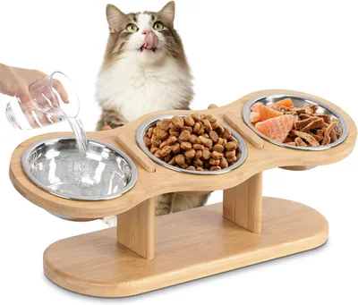 Produktbild von Katzennapf, Erhöhter Futternapf, Fressnapf Katze, Katzenfressnapf, Katzennäpfe, 15° kippbarer, mit 3 Edelstahl Schüsseln, für Katzen und kleine Hunde