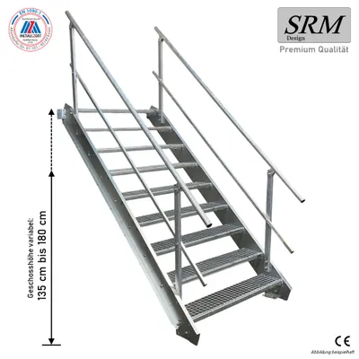 Produktbild von 9 Stufen Stahltreppe beidseitig. Geländer Breite 130cm Geschosshöhe 135-180cm