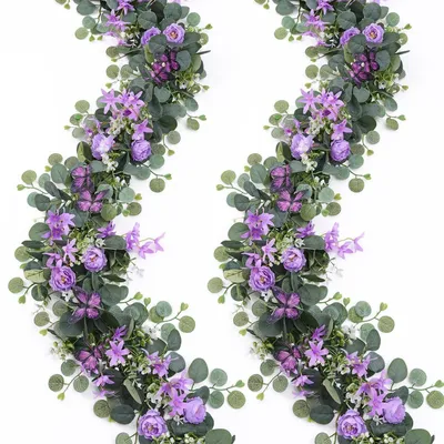Productafbeelding van Kunstbloemengordijn eucalyptus, paars, 2 x 3 meter, met vlinders, zijden bloemen, decoratie