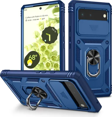 Produktbild von Google Pixel 6 Hülle, Schiebe Kamera Schutz Robust Stoßfest Schutzhülle mit Ringhalterung Ständer Kartenhalter für Google Pixel 6 Blau