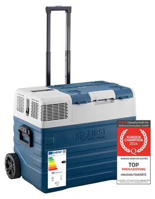 Produktbild von TZS First Austria Kompressor Kühlbox, 43 L, -20°C bis +20°C, MAX/ECO, Innenbeleuchtung, USB-Anschluss, Trolleyfunktion und Tragegriffe