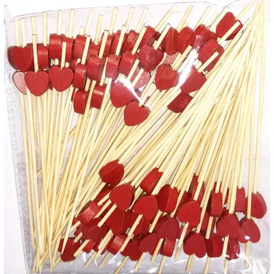 Image de Brochettes pour cocktails, forme de cœur rouge, 100 pièces, 12 cm, en bambou, pour amuse-gueules, décoration de fête