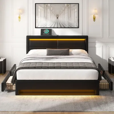 A modern black upholstered bed frame with integrated LED lighting and storage drawers, set in a well-lit bedroom.