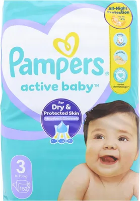 A package of Pampers Active Baby diapers with a baby's face on it.