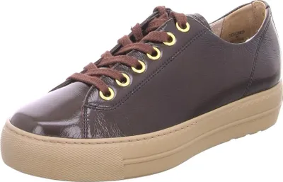 A single brown leather sneaker with a tan sole is shown against a white background.