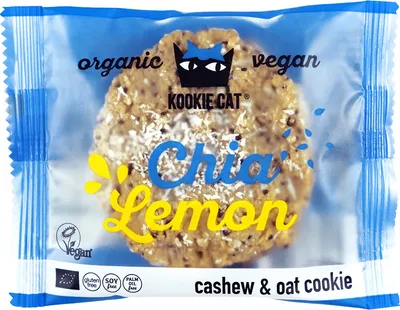 Zdjęcie produktu dla CIASTKO WEGAŃSKIE Z NASIONAMI CHIA O SMAKU CYTRYNOWYM BEZGLUTENOWE50 g - KOOKIE CAT