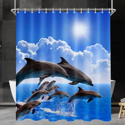 Produktbild von Duschvorhang 240x200cm mit Delfinmotiv, beschwertem Saum, schimmelresistentem Gewebe, wasserabweisendem, waschbarem Polyester, Badvorhang mit 16 Ringen und Ösen für Badezimmer und Badewanne.