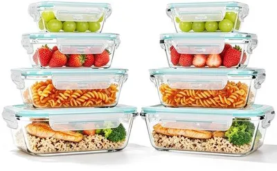 Productafbeelding van Glazen Containers Set van 8 - Borosilicaatglas - Luchtdicht - Lekvrij - Voorraaddozen - 1040/640/370/180 ml - Maaltijd Prep Dozen - Voedselopslag