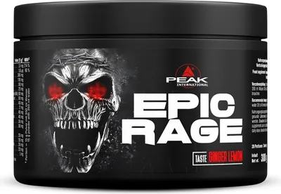 A black container of pre-workout powder with a skull graphic and product information.
