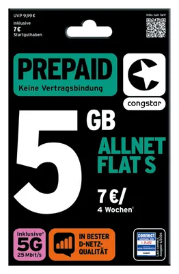 Produktbild von congstar Prepaid Allnet S: 5 GB Datenvolumen & Flatrate für Telefonie und SMS, 5G-Speed, EU-Roaming, SIM Karte, Prepaidkarte