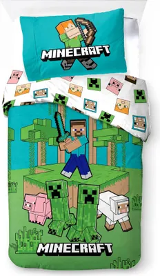 A Minecraft-themed bedding set with a pillowcase and duvet cover featuring characters and scenery from the game.