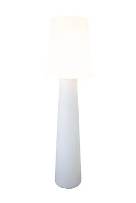 A white floor lamp with a conical base and a cylindrical shade, isolated on a white background.