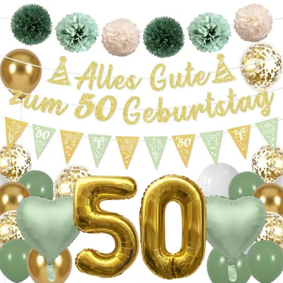 Immagine prodotto di Set per il 50° compleanno, colore verde e oro, con palloncini e ghirlanda, 27 pezzi