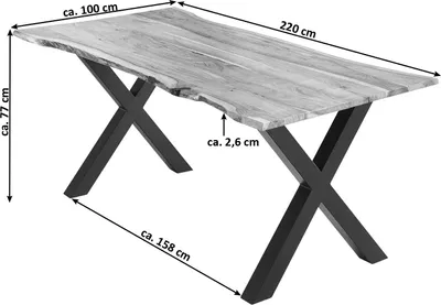 Produktbild von Esstisch 220x100 cm Burgos, Akazienholz massiv + naturfarben + lackiert, echte Baumkante, Baumkantentisch mit X-Gestell aus Metall schwarz, Tischplatte 26 mm