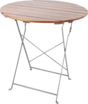 A round wooden table with a metal folding base.
