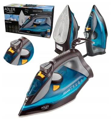 A collage of images showing an Adler steam iron and its packaging.