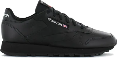 A side profile of a black Reebok Classic Leather sneaker.