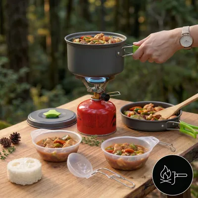 Produktbild von Wander- Und Camping-Kochgeschirr-Set: Topf, Pfanne, Schüsseln, Etui, 9-Teilig