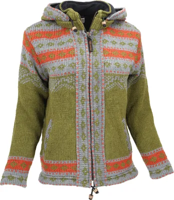 Produktbild von Kuschelige Gefütterte Strickjacke, Damenjacke, Wolljacke, Nepaljacke - Grün/orange, Wolle, Größe: L